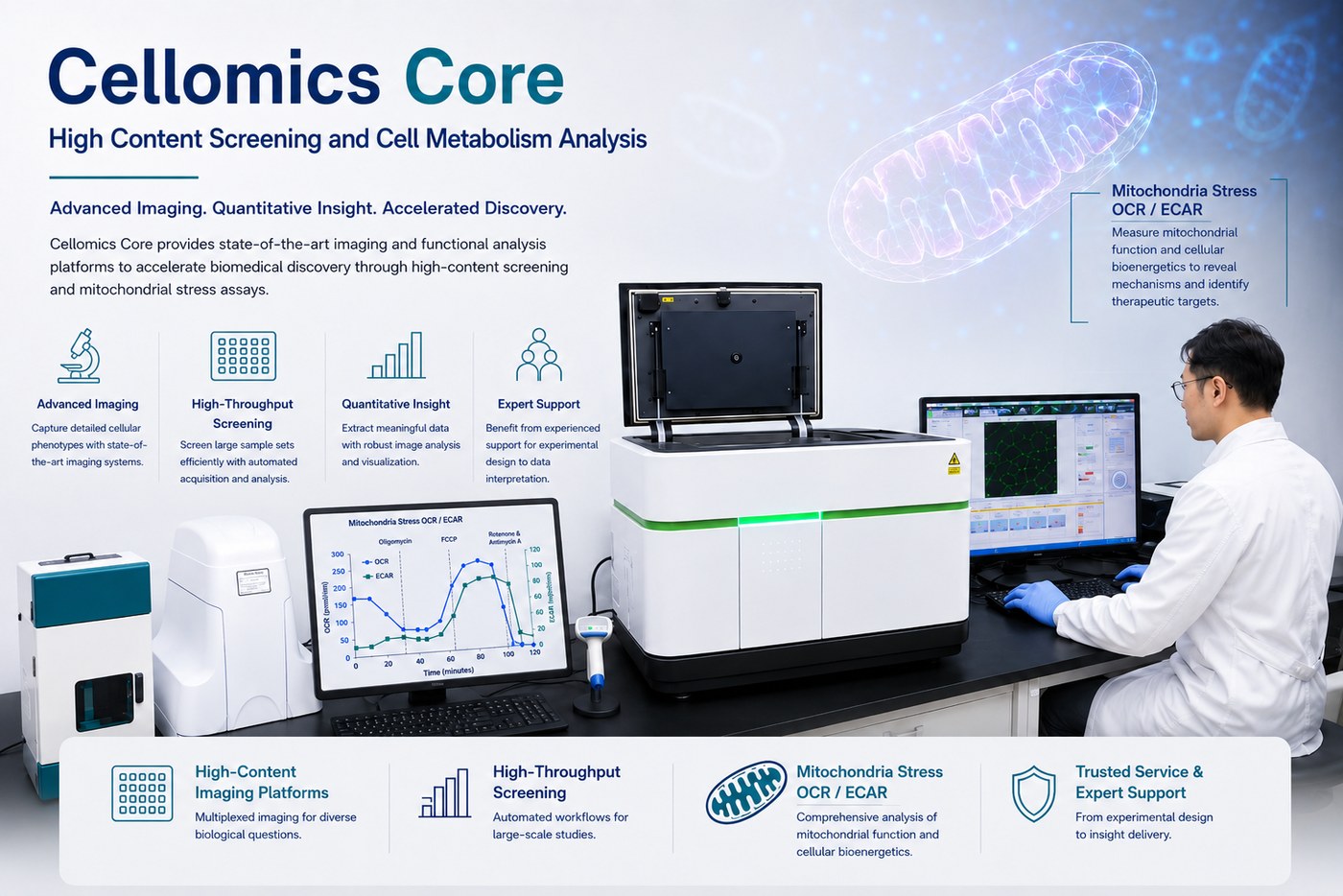 Cellomics Core — High Content Screening 및 세포 대사 분석 인포그래픽 배너
