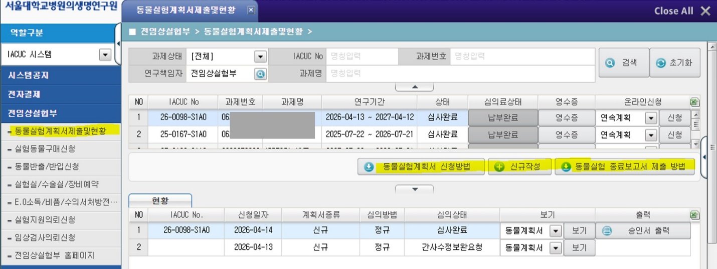 Screenshot of the CRIS Animal Study Protocol Submission and Status screen
