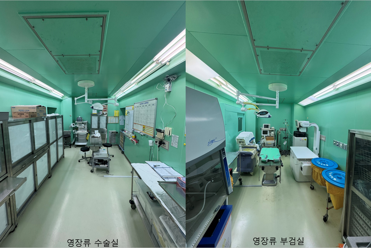 Interior of the primate surgery room and necropsy room - the surgery room on the left equipped with surgical equipment, and the necropsy room on the right equipped with examination and necropsy equipment